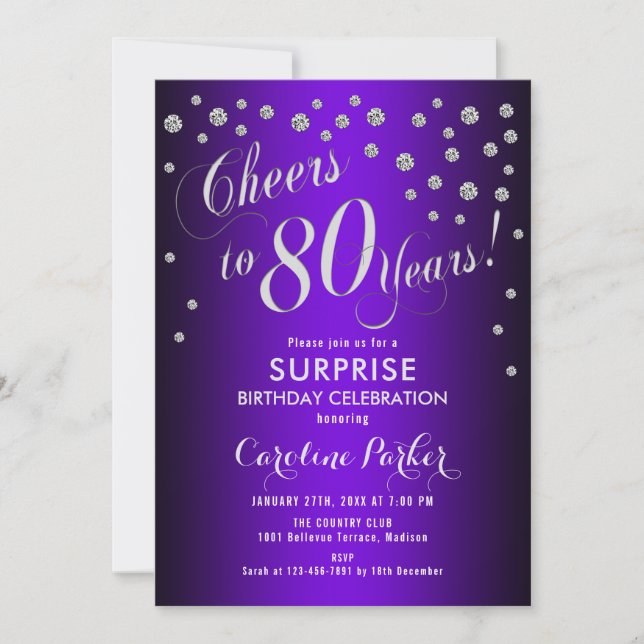 Invitation Surprise 80e fête d'anniversaire - Silver Purple (Devant)