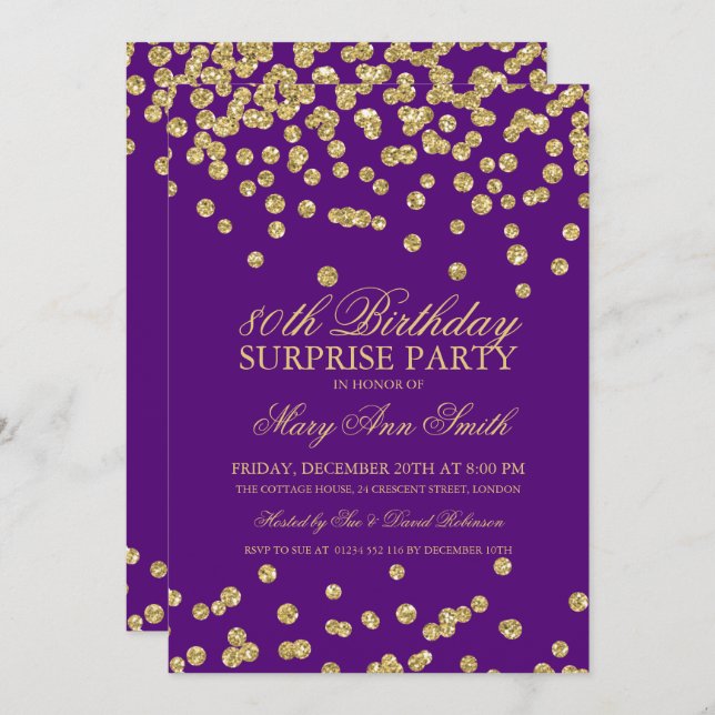 Invitation Surprise 80th Birthday Gold Glitter Purple (Devant / Derrière)