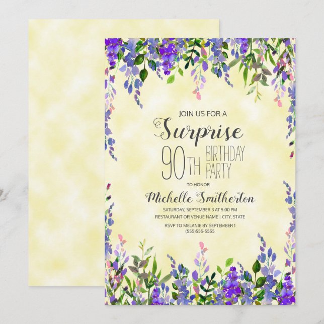 Invitation surprise 90 ans aquarelle lavande jaune (Devant / Derrière)