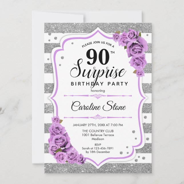 Invitation Surprise 90e anniversaire - Argent blanc violet (Devant)