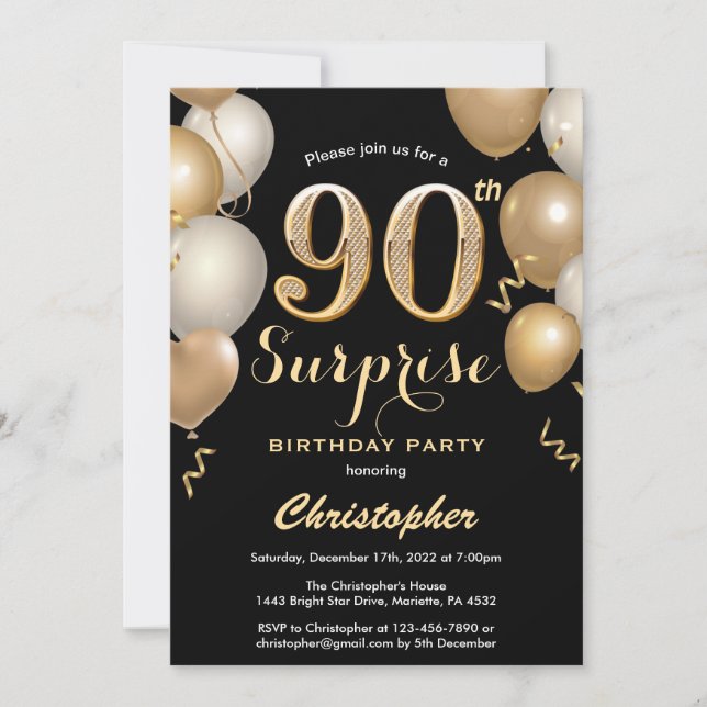 Invitation Surprise 90e anniversaire Ballons noir et or (Devant)