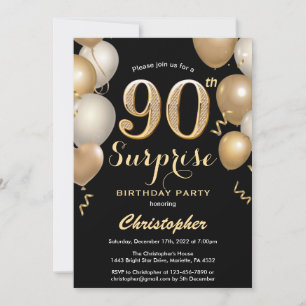 Invitation Surprise 90e anniversaire Ballons noir et or
