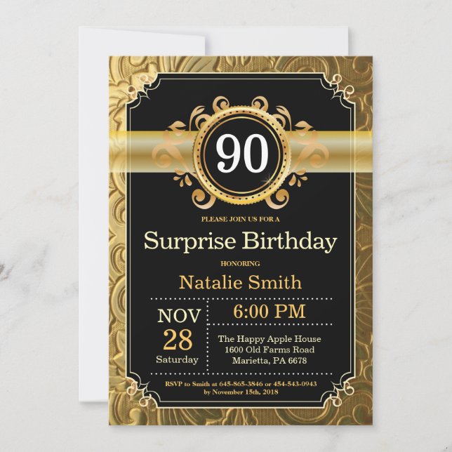 Invitation surprise 90e anniversaire Black and Gol (Devant)