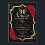 Invitation Surprise 90e anniversaire - Black Gold Red Invitat<br><div class="desc">Invitation surprise 90e anniversaire. Dessin noir féminin,  rouge avec parties scintillant en or. Comprend des roses rouges,  des caractères de script et des confettis. Parfait pour une soirée d'anniversaire élégante. Peut être personnalisé pour montrer n'importe quel âge. Message-moi si vous avez besoin d'une personnalisation plus poussée.</div>
