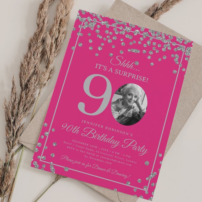 Invitation SURPRISE 90e Anniversaire Confettis Argent Rose Ch (SURPRISE 90th Birthday Silver Confetti Hot Pink Invitation)