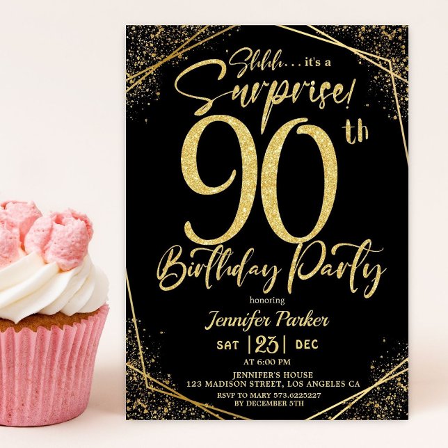 Invitation Surprise 90e anniversaire de fête Black & Gold Par (Créateur téléchargé)