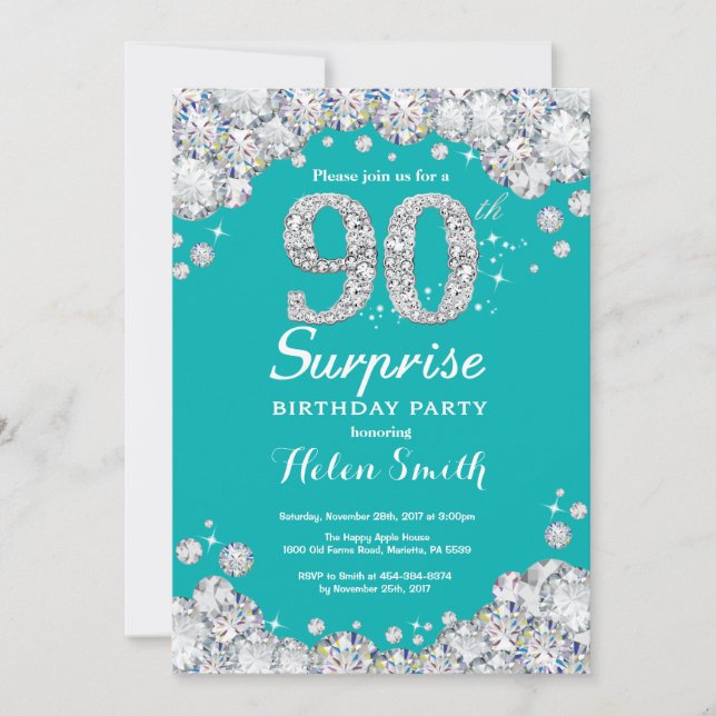 Invitation Surprise 90e anniversaire Diamant Turquoise et Arg (Devant)