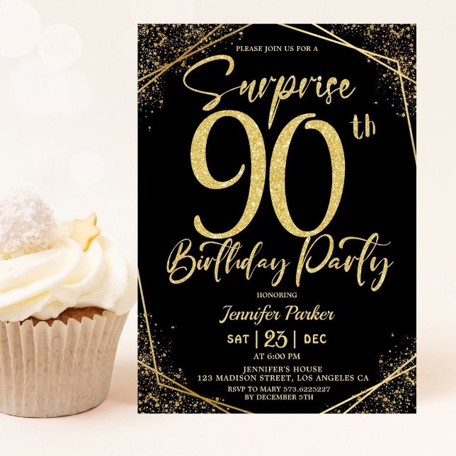 Invitation Surprise 90e anniversaire fête Chic Black & Gold (Créateur téléchargé)