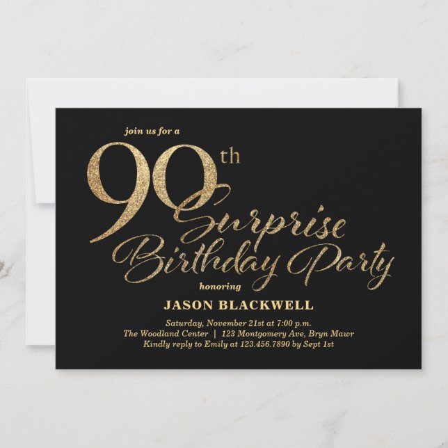 Invitation Surprise 90e anniversaire fête Noir & Or (Devant)