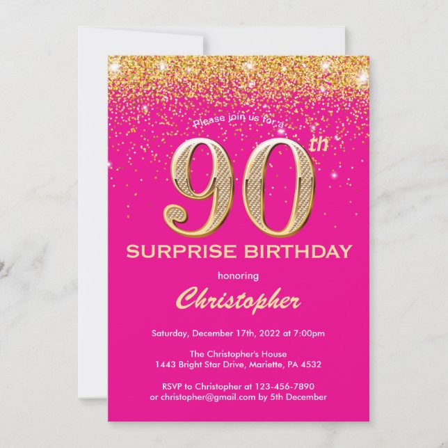Invitation Surprise 90e anniversaire Hot rose et Parties scin (Devant)