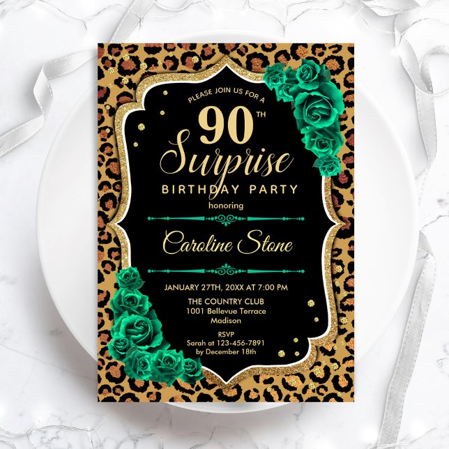 Invitation Surprise 90e anniversaire - Leopard Black Gold Ros (Créateur téléchargé)