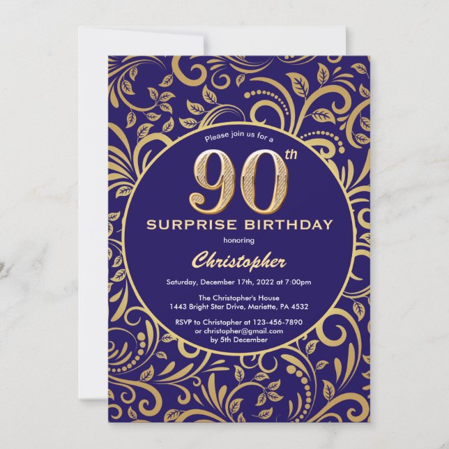 Invitation Surprise 90e anniversaire Marine bleu et or floral (Devant)