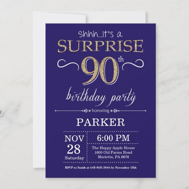 Invitation Surprise 90e anniversaire Marine Blue and Gold Par (Devant)