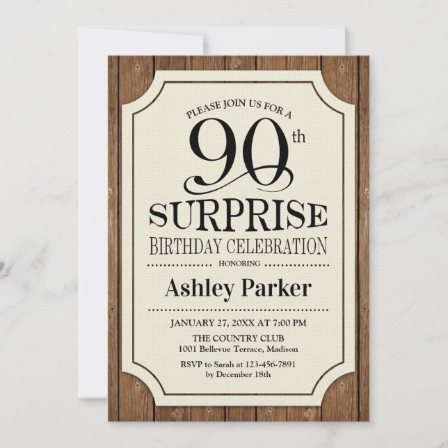 Invitation Surprise 90e anniversaire Motif de bois (Devant)