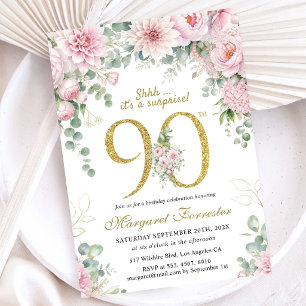 Invitation Surprise 90e anniversaire or glitter rose florale 