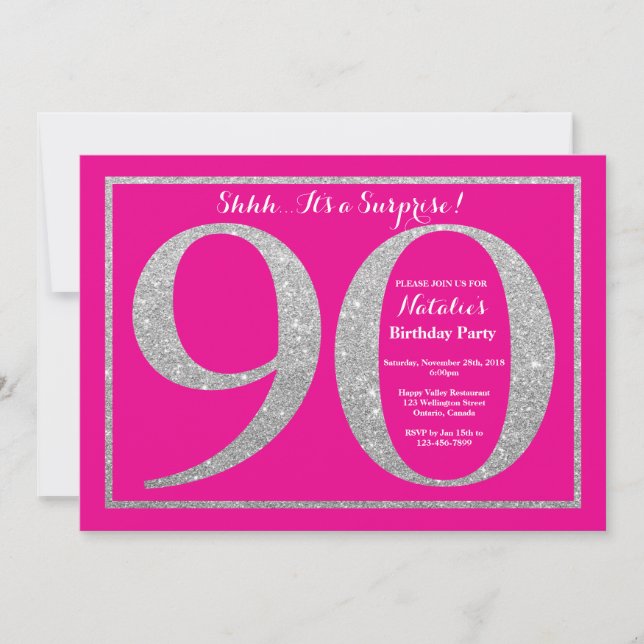 Invitation Surprise 90e Anniversaire Paillettes Rose Chaud et (Devant)