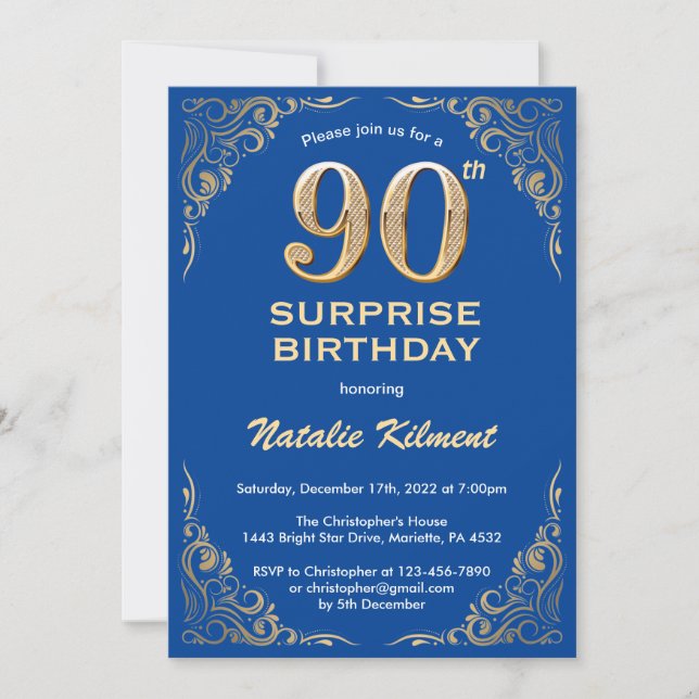 Invitation Surprise 90e anniversaire Parties scintillant bleu (Devant)