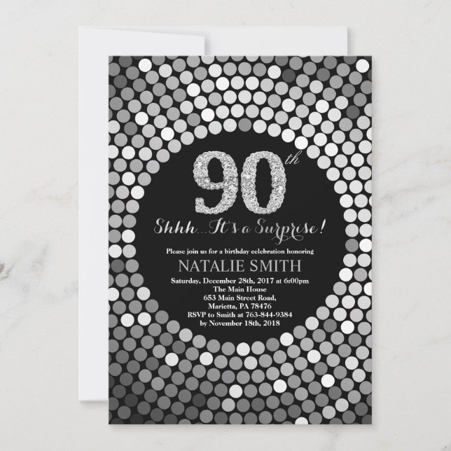 Invitation Surprise 90e anniversaire Parties scintillant noir (Devant)
