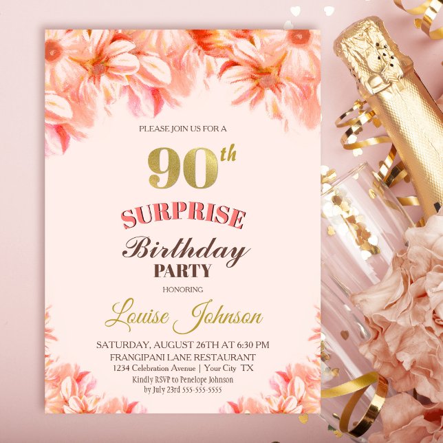 Invitation Surprise 90e anniversaire Pink Gold Floral Party I (Créateur téléchargé)