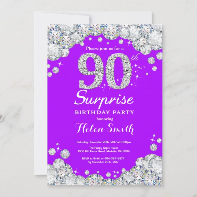 Invitation Surprise 90e anniversaire Purple et Silver Diamond (Devant)