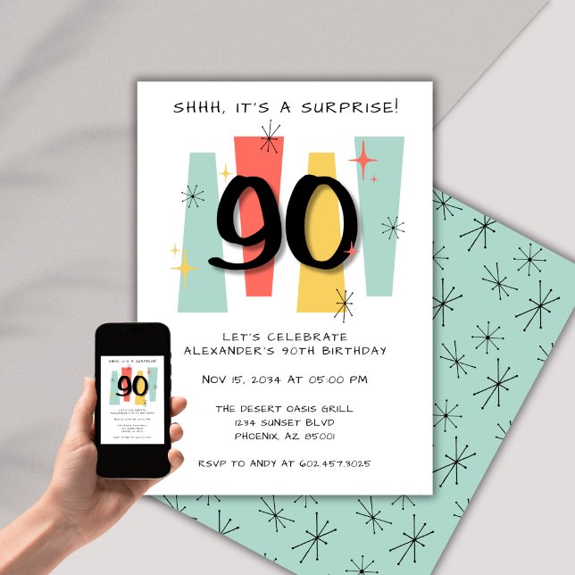 Invitation Surprise 90e anniversaire Retro Midsiècle moderne (Créateur téléchargé)