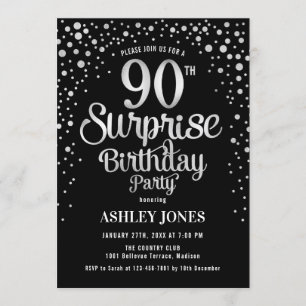 Invitation Surprise 90e fête d'anniversaire - Argent et Noir