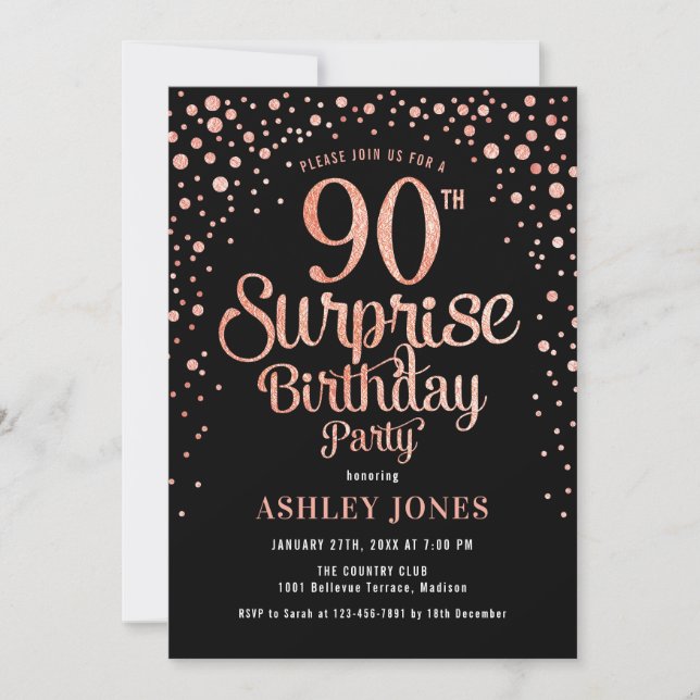 Invitation Surprise 90e fête d'anniversaire - Black & Rose Go (Devant)