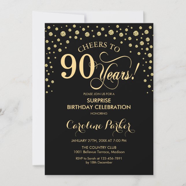 Invitation Surprise 90e fête d'anniversaire - Gold Black (Devant)