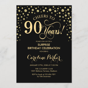 Invitation Surprise 90e fête d'anniversaire - Gold Black