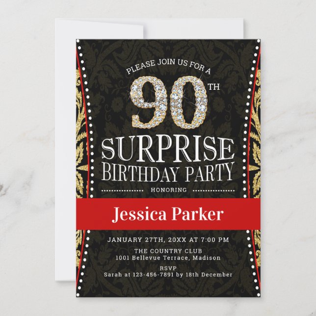 Invitation Surprise 90e fête d'anniversaire - Gold Black Red (Devant)