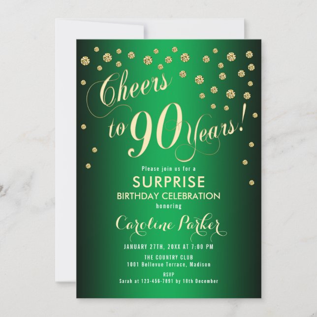 Invitation Surprise 90e fête d'anniversaire - Gold Green (Devant)