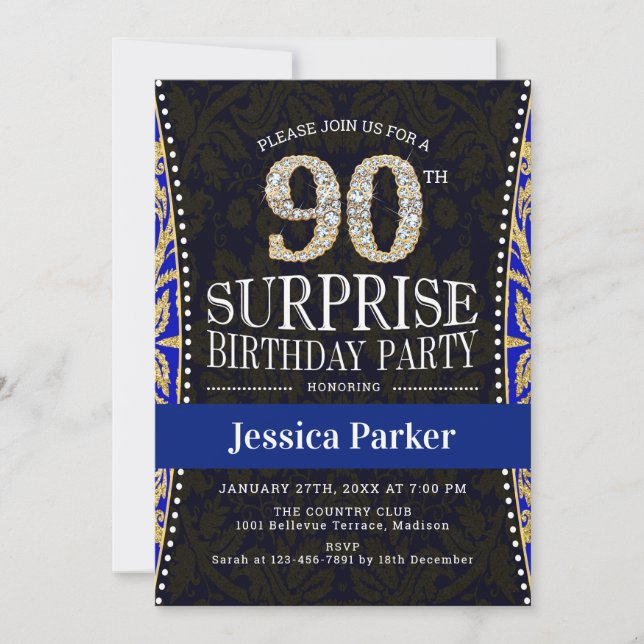 Invitation Surprise 90e fête d'anniversaire - Gold Navy Blue (Devant)