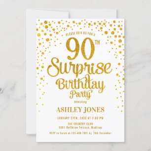 Invitation Surprise 90e fête d'anniversaire - Gold & White
