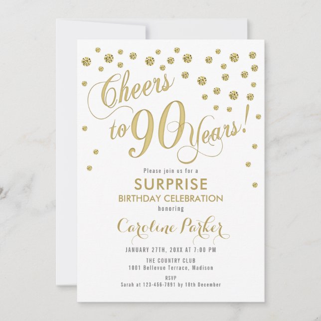 Invitation Surprise 90e fête d'anniversaire - Gold White (Devant)
