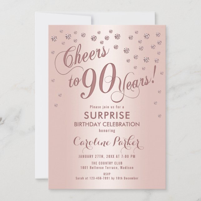 Invitation Surprise 90e fête d'anniversaire - Rose Gold (Devant)