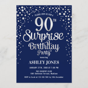 Invitation Surprise 90e fête d'anniversaire - Silver & Navy B