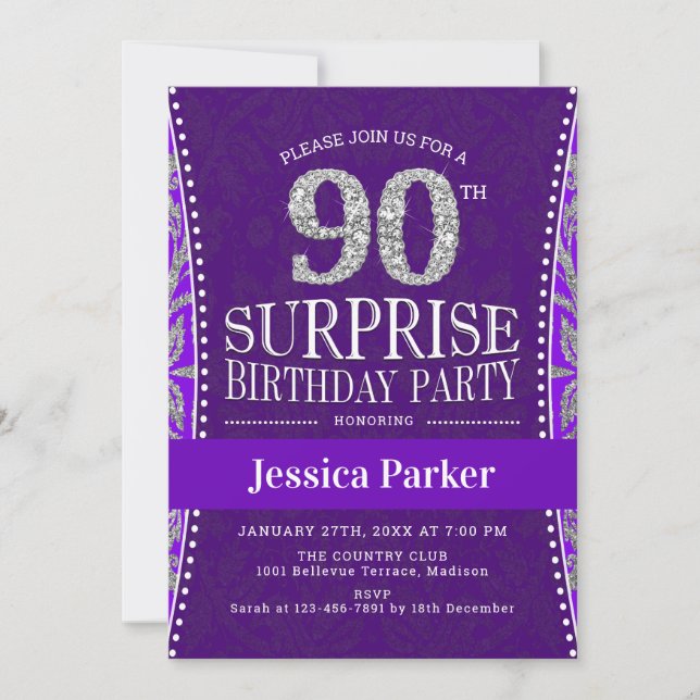 Invitation Surprise 90e fête d'anniversaire - Silver Purple (Devant)
