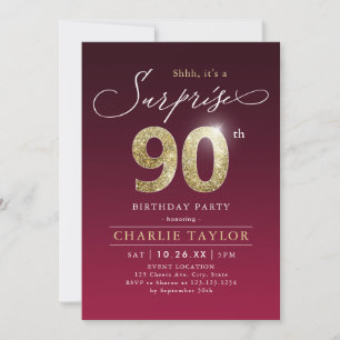 Invitation Surprise adulte en or bordeaux moderne 90e anniver