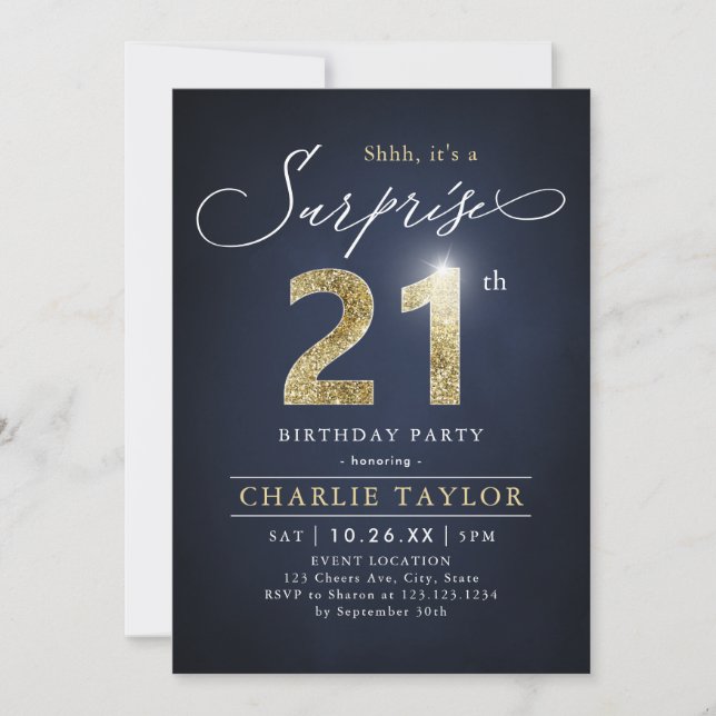 Invitation Surprise adulte moderne bleu et or 21e anniversair (Devant)