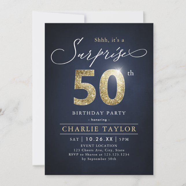 Invitation Surprise adulte moderne bleu et or 50e anniversair (Devant)