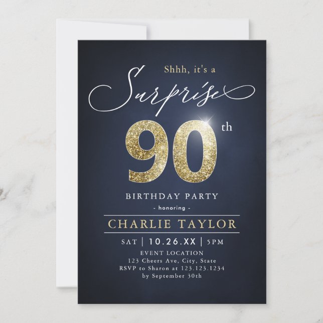 Invitation Surprise adulte moderne bleu et or 90e anniversair (Devant)