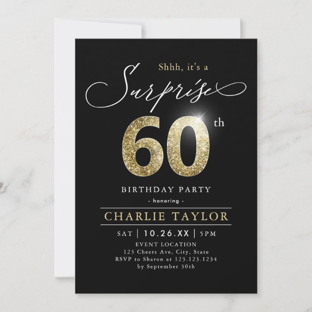 Invitation Surprise adulte moderne noir et or 60e anniversair (Devant)