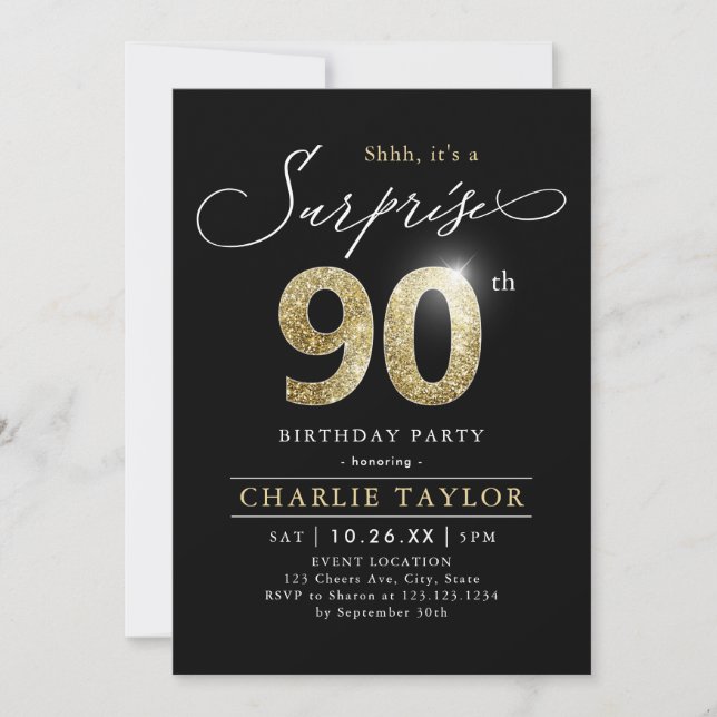 Invitation Surprise adulte moderne noir et or 90e anniversair (Devant)