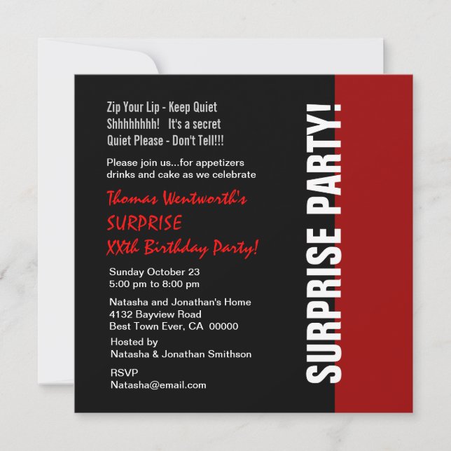 Invitation SURPRISE Année Anniversaire moderne Noir Rouge Bla (Devant)