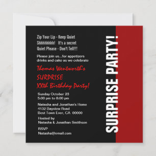Invitation SURPRISE Année Anniversaire moderne Noir Rouge Bla