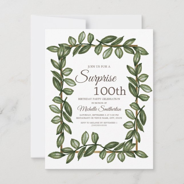 Invitation Surprise Anniversaire 100 ans Feuilles Vertes Femm (Devant)