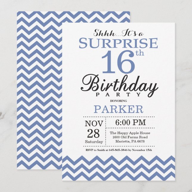 Invitation Surprise Anniversaire 16 ans Bleu Chevron (Devant / Derrière)