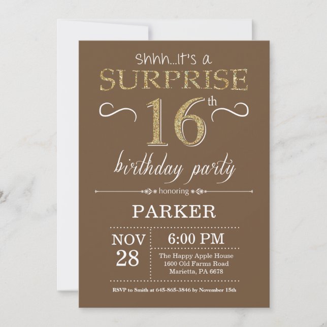 Invitation Surprise Anniversaire 16 ans Paillettes Marron et  (Devant)
