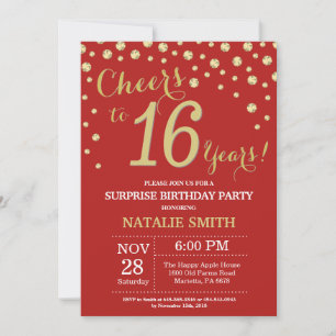 Invitation Surprise Anniversaire 16 ans Rouge et Or Diamant