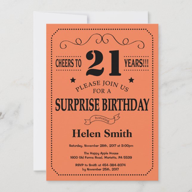 Invitation Surprise Anniversaire 21 Ans Noir et Corail (Devant)